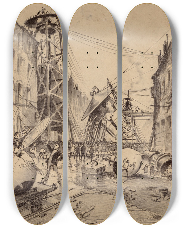Triptych art skateboard deck of Henrique Alvim Corra Humans Dissecting Martian War Machines by Henrique Alvim Correa (1876-1910)