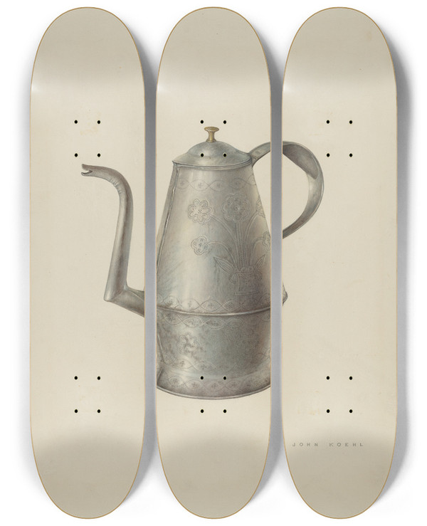 Triptych art skateboard deck of John Koehl Coffee Pot by John Koehl