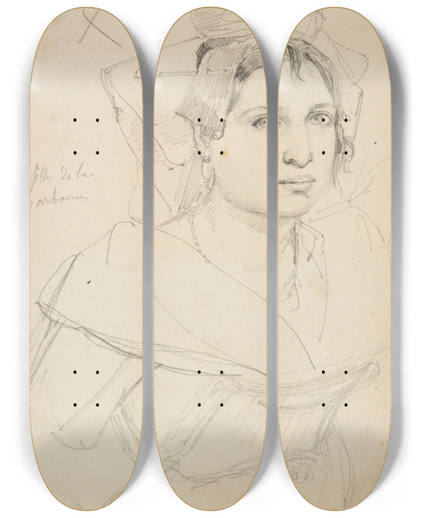 Triptych art skateboard deck of Jacquesraymond Brascassat Tude De Buste De Femme by Jacques Raymond Brascassat (1804-1867)