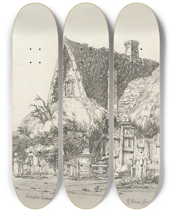 Triptych art skateboard deck of Robert Dixon Sketch At Mulbarton by Robert Dixon (1780-1815)
