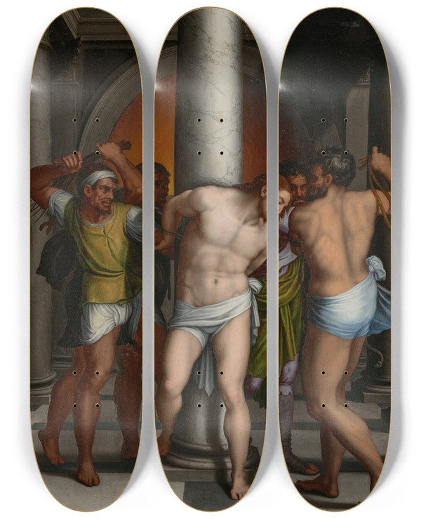 Triptych art skateboard deck of Marcello Venusti The Flagellation by Marcello Venusti (1512-1579)