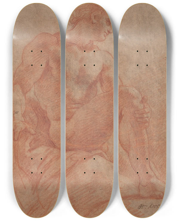 Triptych art skateboard deck of Hendrik Krock Siddende Mandlig Model by Hendrik Krock (1671-1738)