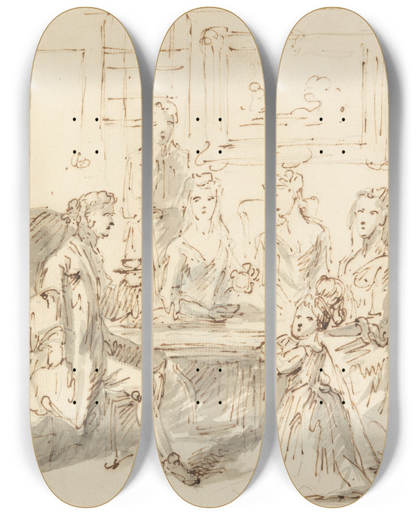 Triptych art skateboard deck of John Vanderbank Conversation Piece by John Vanderbank (1694-1739)