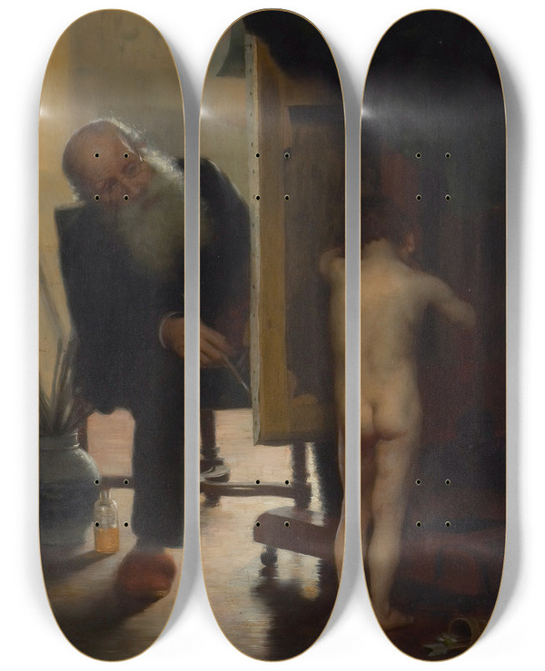 Triptych art skateboard deck of Paul Peel The Tired Model by Paul Peel (1860-1892)
