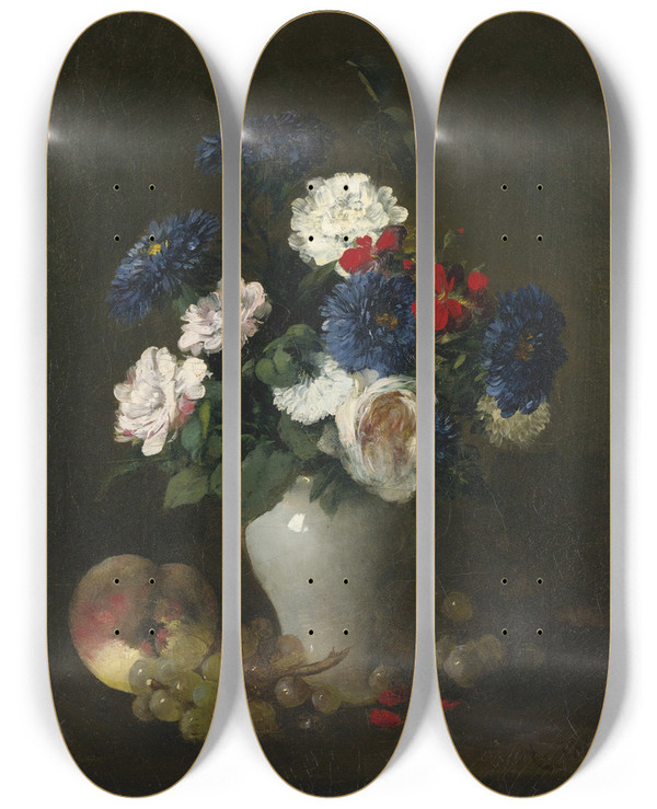 Triptych art skateboard deck of Antoine Vollon Assorted Flowers In A Vase With Grapes And A Peach On A Table by Antoine Vollon (1833-1900)