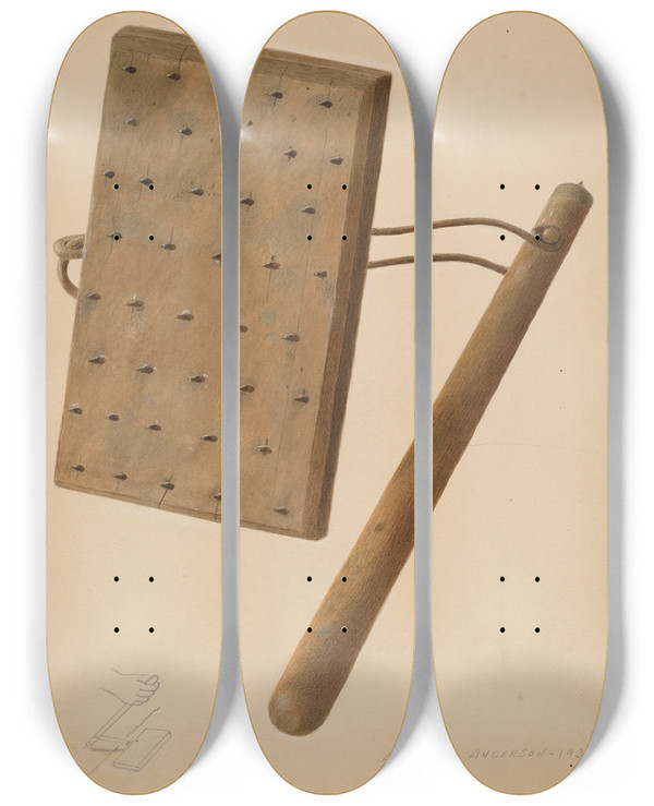 Triptych art skateboard deck of Alexander Anderson Carpet Stretching Device by Alexander Anderson