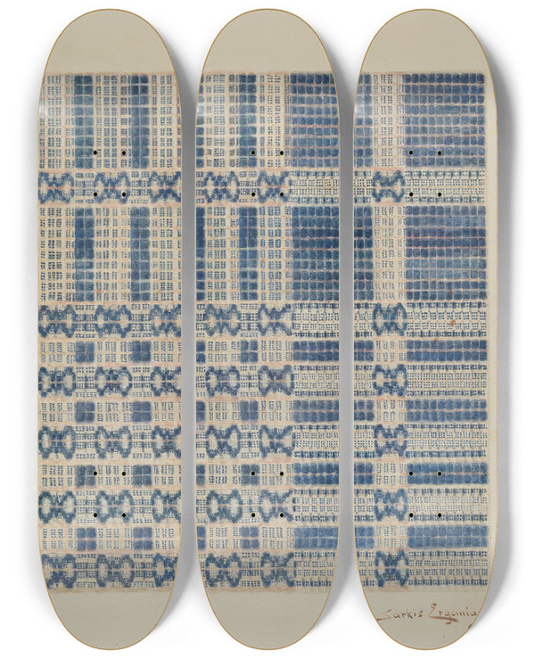 Triptych art skateboard deck of Sarkis Erganian Coverlet by Sarkis Erganian