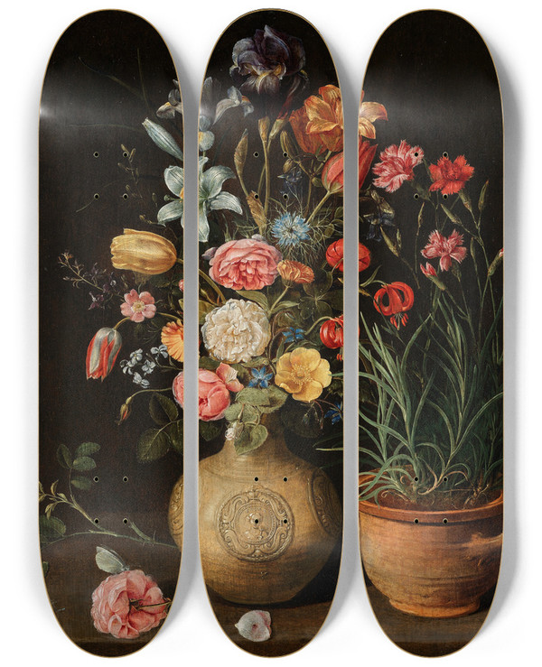 Triptych art skateboard deck of Clara Peeters Roses Lilies An Iris And Other Flowers In An Earthenware Vase With A Pot Of Carnations And A Butterfly On A Ledge by Clara Peeters (1582-1636)