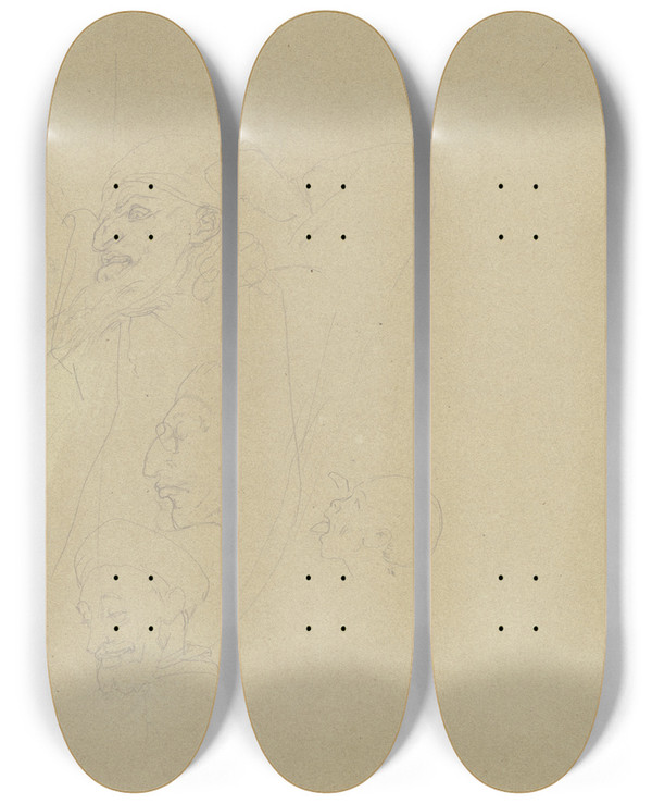 Triptych art skateboard deck of Eduard Von Steinle Studienblatt Vier Grimassierende Kpfe by Eduard Von Steinle (1810-1886)