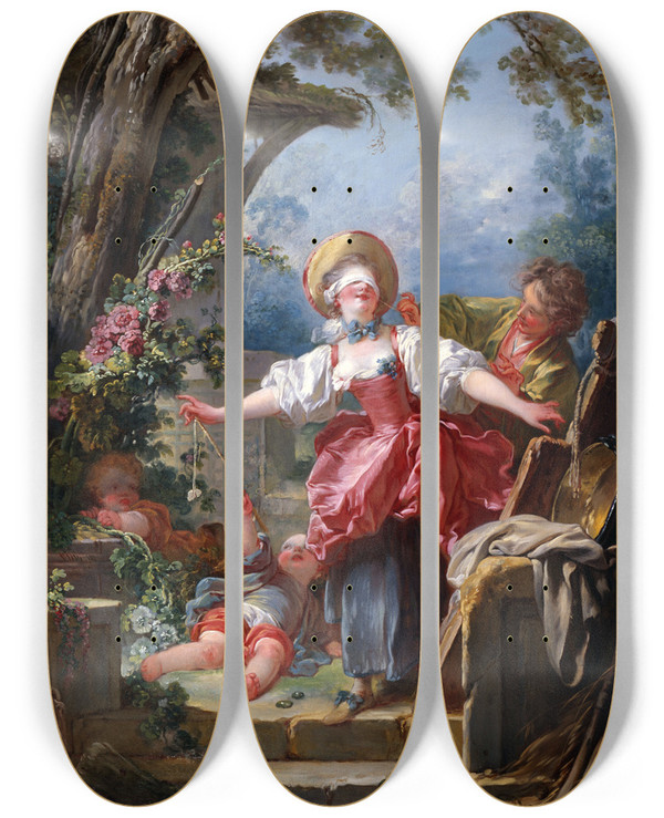 Triptych art skateboard deck of Jeanhonor Fragonard Blindmans Buff_2 by Jean-Honor Fragonard (1732-1806)