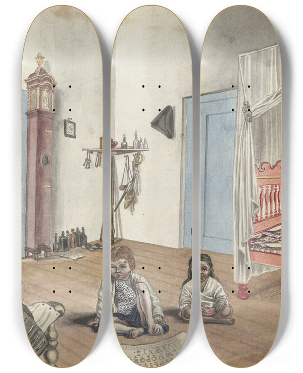 Triptych art skateboard deck of Jan Brandes Slaapkamer Met Zoon Jantje En Slavinnetje Bietja by Jan Brandes (1743-1808)
