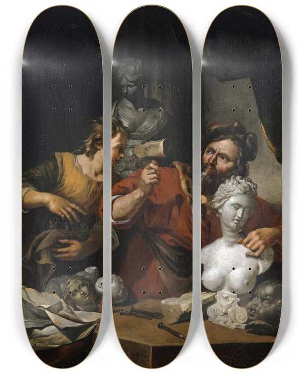 Triptych art skateboard deck of Jacob Toorenvliet A Sculptors Studio by Jacob Toorenvliet (1640-1719)