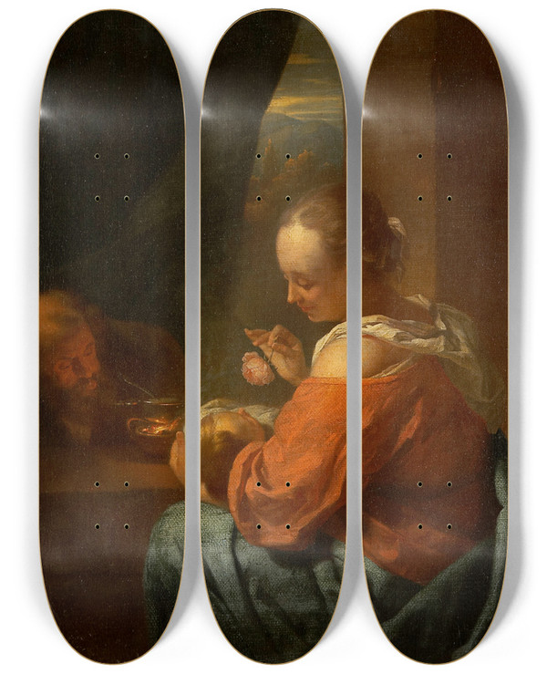 Triptych art skateboard deck of Godfried Schalcken The Holy Family by Godfried Schalcken (1643-1706)