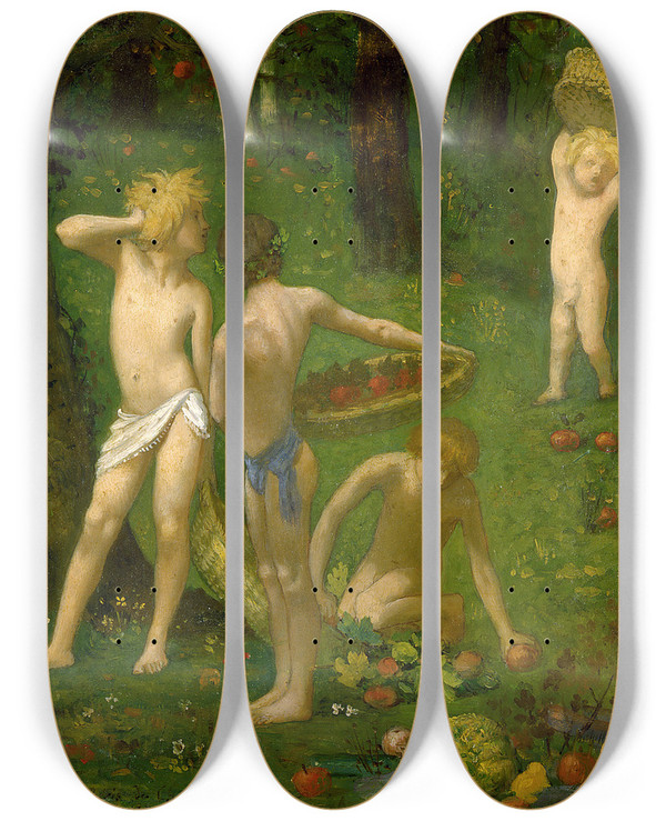 Triptych art skateboard deck of Pierre Puvis De Chavannes Children In An Orchard by Pierre Puvis De Chavannes (1824-1898)
