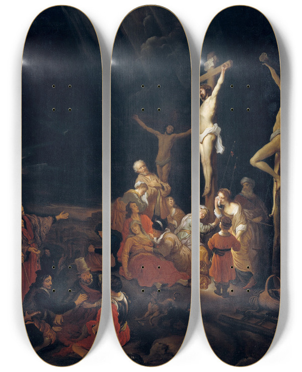 Triptych art skateboard deck of Govert Flinck The Crucifixion by Govert Flinck (1615-1660)