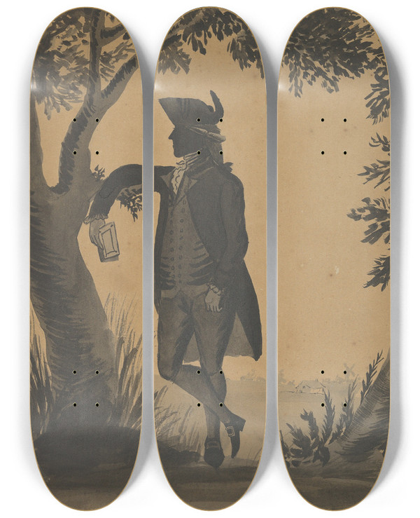 Triptych art skateboard deck of William Wellings Young Man Leaning Against A Tree With A Book by William Wellings (1778-1796)