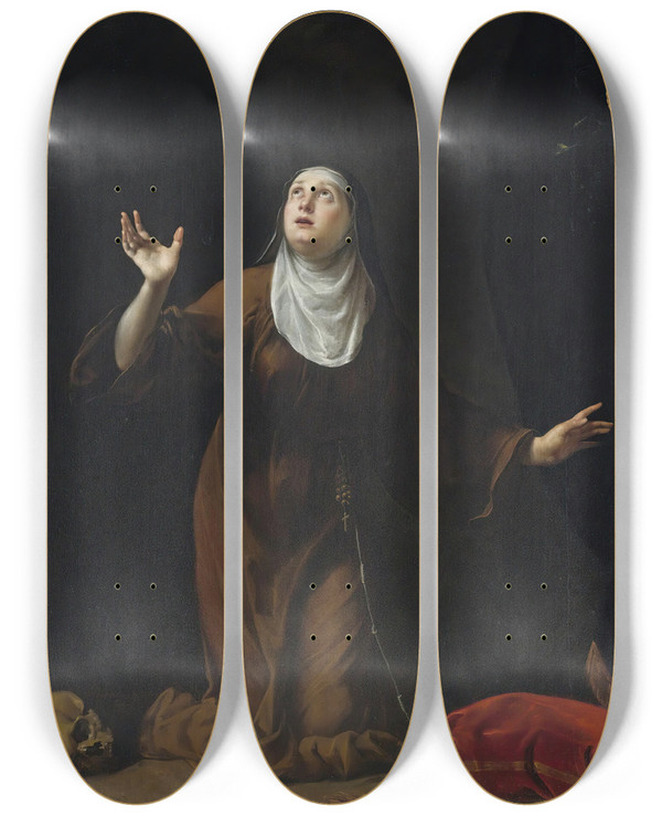 Triptych art skateboard deck of Simone Pignoni A Nun Saint by Simone Pignoni (1611-1698)