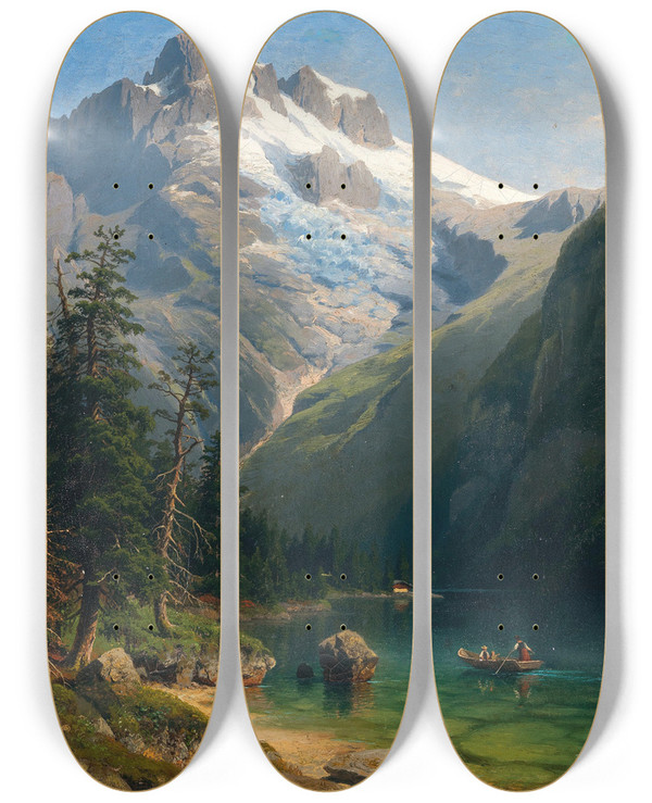 Triptych art skateboard deck of Johann Joseph Jansen A Scene In The Salzkammergut by Johann Joseph Jansen (1825-1849)