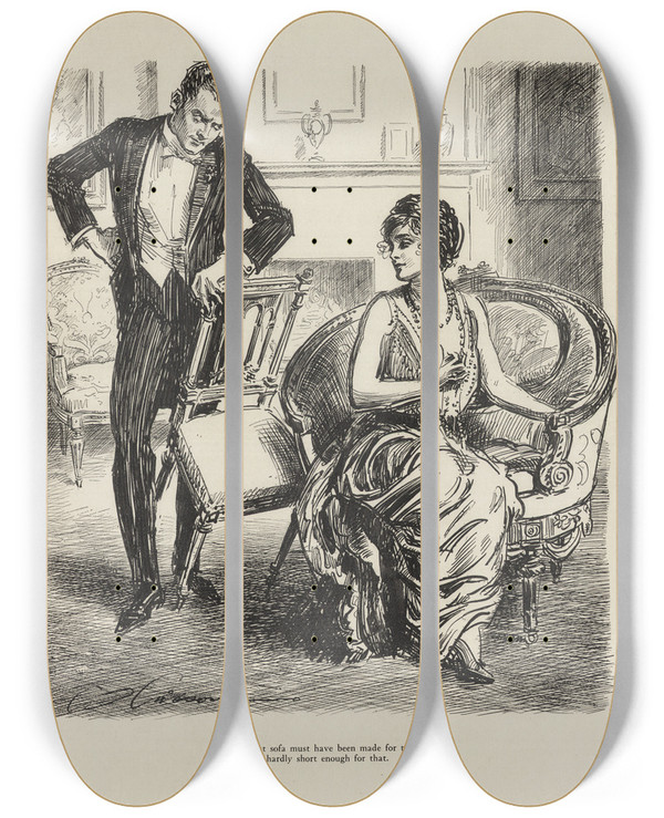 Triptych art skateboard deck of Charles Dana Gibson He That Sofa Must Have Been Made For Two by Charles Dana Gibson (1867-1944)