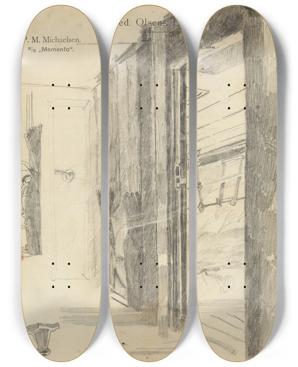 Triptych art skateboard deck of Christian Krohg Btinterir by Christian Krohg (1852-1925)
