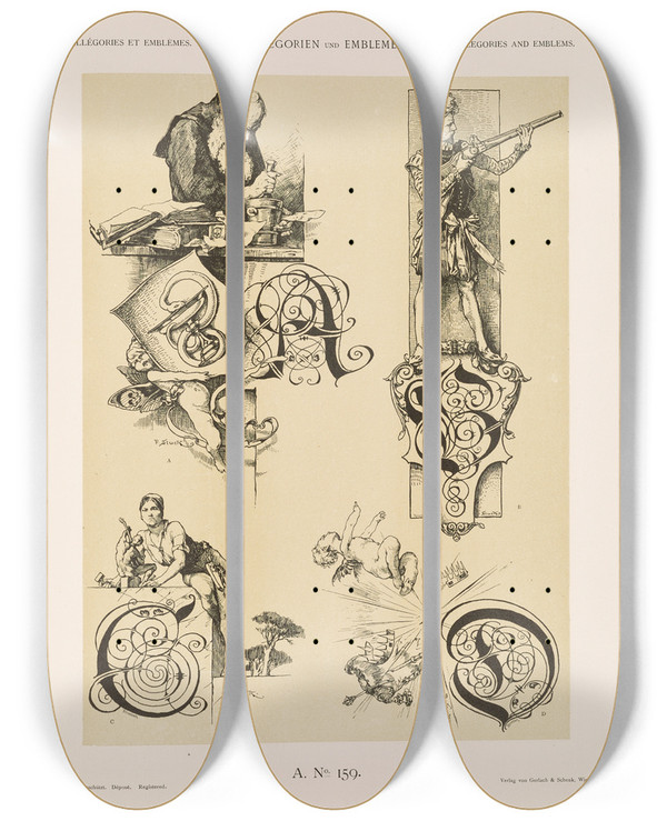 Triptych art skateboard deck of Albert Ilg Allegorien Und Embleme Vol Ii Pl171 by Albert Ilg (1847-1896)