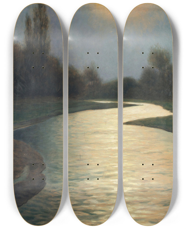Triptych art skateboard deck of Eduard Kasparides Flulauf Im Vollmondlicht by Eduard Kasparides (1858-1926)