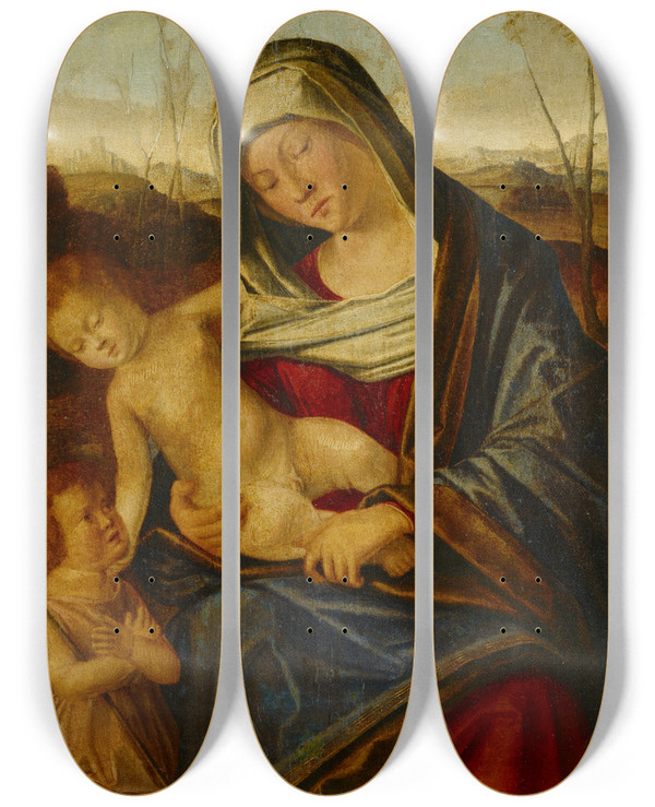 Triptych art skateboard deck of Benedetto Diana The Virgin With Child And The Infant Saint John The Baptist by Benedetto Diana (1460-1525)