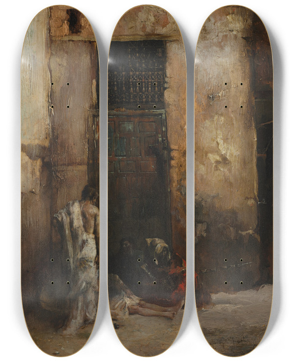 Triptych art skateboard deck of Mariano Fortuny Marsal Beggars By A Door by Mariano Fortuny Marsal (1838-1874)