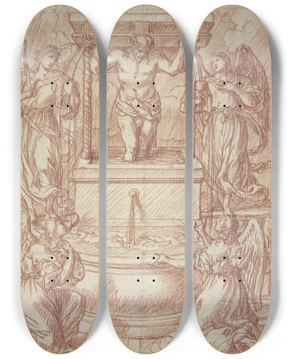 Triptych art skateboard deck of Jonas Umbach Christ In The Winepress by Jonas Umbach (1624-1700)