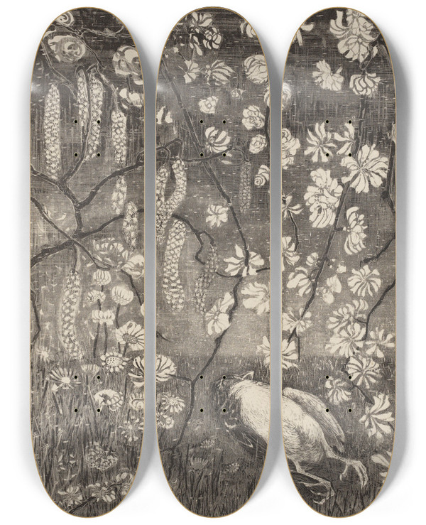 Triptych art skateboard deck of Theo Van Hoytema Dood Vogeltje Onder Hazelaar En Kamperfoelietakken by Theo Van Hoytema (1863-1917)