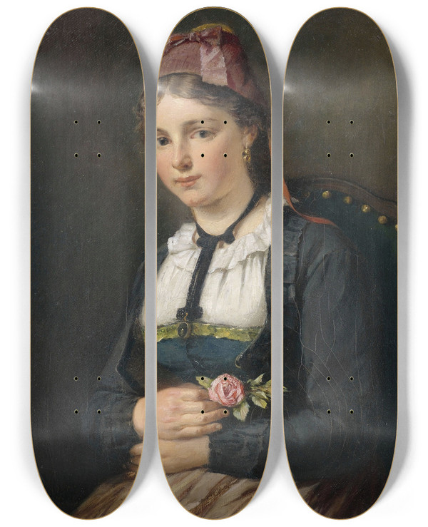 Triptych art skateboard deck of August Mller Schwarzwaldmdchen by August Muller (1836-1885)