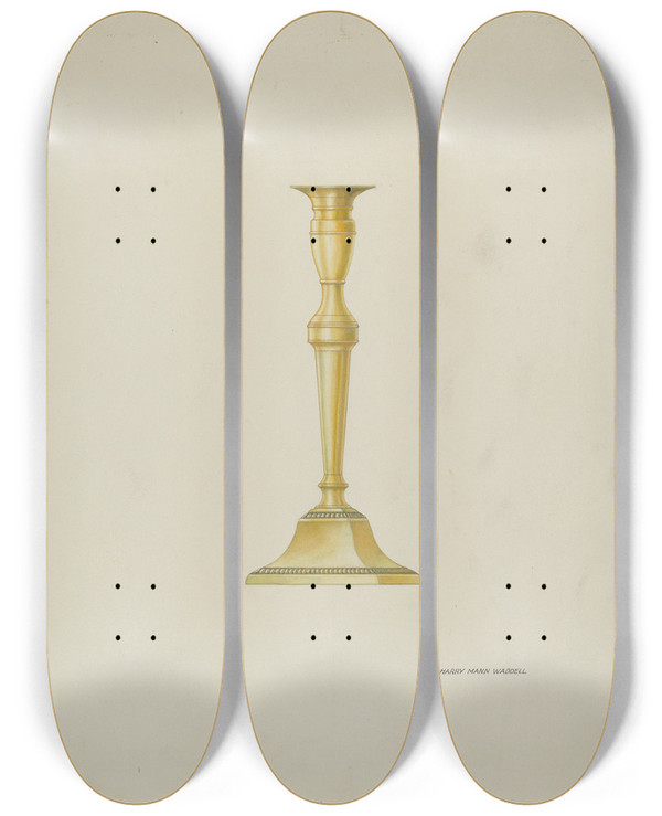 Triptych art skateboard deck of Harry Mann Waddell Brass Candlestick by Harry Mann Waddell (1876-1956)