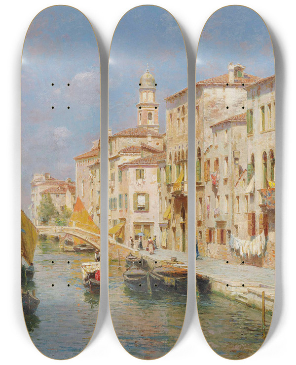 Triptych art skateboard deck of Rubens Santoro Canal In Venice by Rubens Santoro (1859-1942)