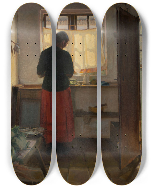 Triptych art skateboard deck of Anna Ancher The Maid In The Kitchen by Anna Ancher (1859-1935)