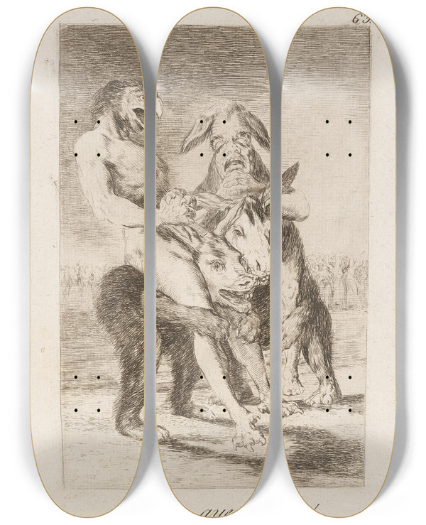 Triptych art skateboard deck of Francisco De Goya Miren Que Grabes Look How Solemn They Are by Francisco de Goya (1746-1828)