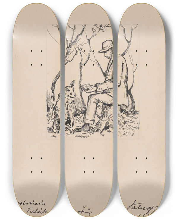 Triptych art skateboard deck of Zolo Palugyay Tramps Joy by Zolo Palugyay (1898-1935)