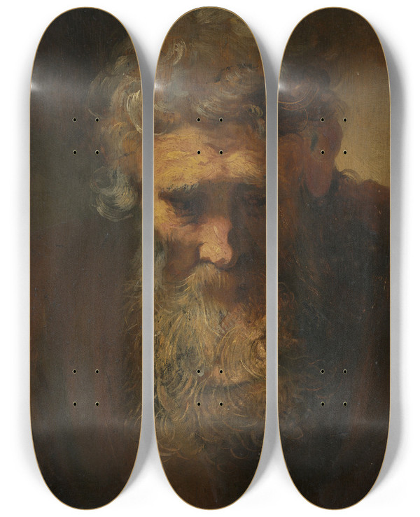 Triptych art skateboard deck of Follower Of Rembrandt Van Rijn Study Of An Old Man by Follower of Rembrandt van Rijn (1606-1669)
