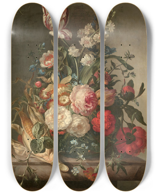 Triptych art skateboard deck of Rachel Ruysch Vase De Fleurs Et Pis De Mas Dans Une Niche by Rachel Ruysch (1664-1750)