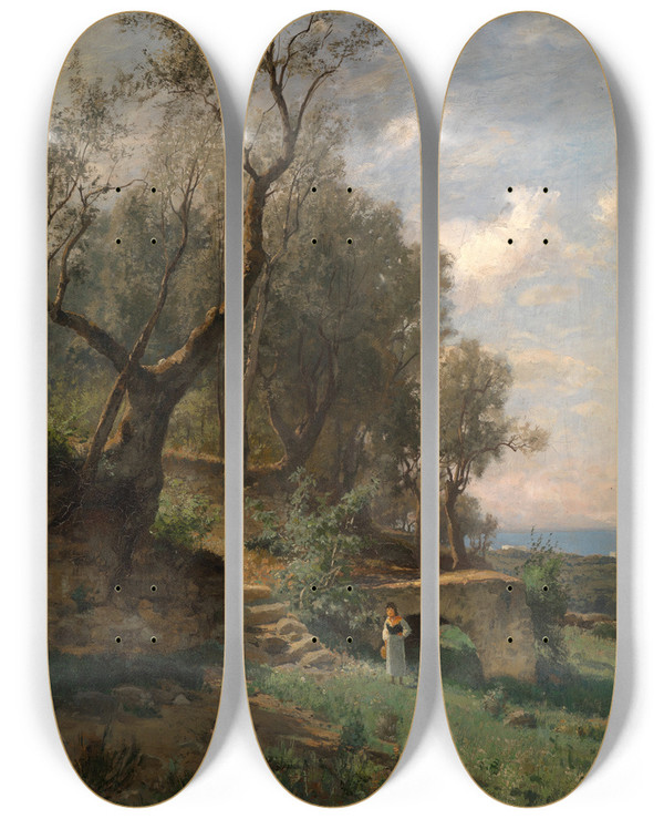 Triptych art skateboard deck of Max Wilhelm Roman Italienische Landschaft by Max Wilhelm Roman (1849-1910)