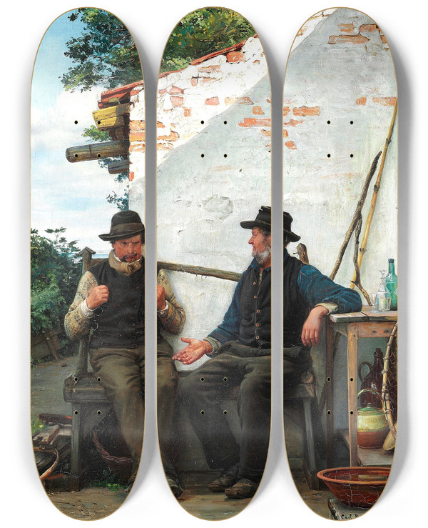 Triptych art skateboard deck of Carl Bloch En Samtale Mellem To Fiskere by Carl Bloch (1834-1890)