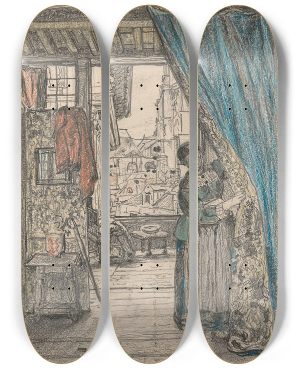 Triptych art skateboard deck of Henri De Braekeleer The Woman At The Curtain by Henri de Braekeleer (1840-1888)