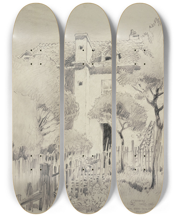 Triptych art skateboard deck of Ferdinand Boberg Cour Dune Maison 12 Rue Cortot by Ferdinand Boberg (1860-1946)