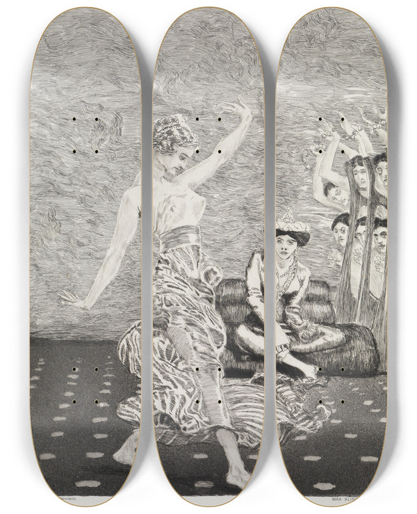Triptych art skateboard deck of Max Klinger Tanz Zelt Opus Xiv 2 Teil Nr 27 by Max Klinger (1857-1920)