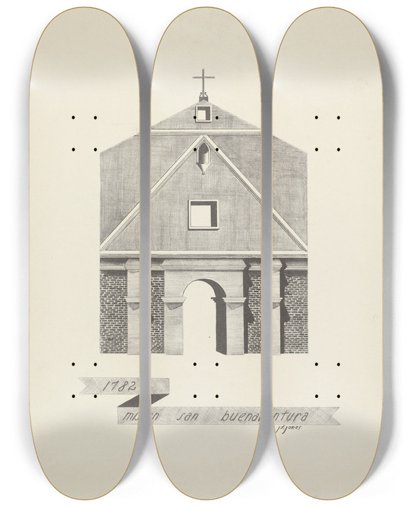 Triptych art skateboard deck of James Jones Mision San Buenaventura by James Jones