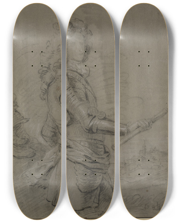 Triptych art skateboard deck of Godfrey Kneller Portrt I Knfigur Af En Hrfrer I Rustning Og Med Stav I Hjre Hnd I Baggrunden Et Landskab Med En By by Sir Godfrey Kneller