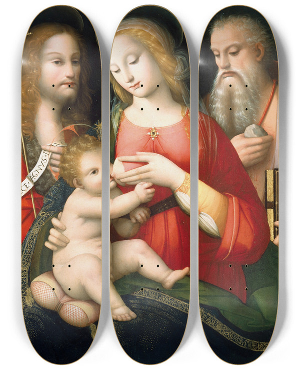 Triptych art skateboard deck of Andrea Del Brescianino Madonna With Child And Saints John The Baptist And Girolamo by Andrea del Brescianino (1487-1525)