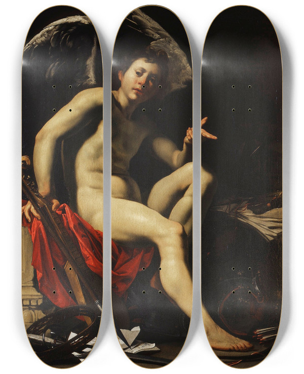 Triptych art skateboard deck of Orazio Riminaldi Amor Vincit Omnia by Orazio Riminaldi (1593-1630)