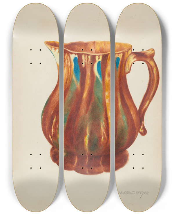 Triptych art skateboard deck of Margaret Stottlemeyer Bennington Pitcher by Margaret Stottlemeyer