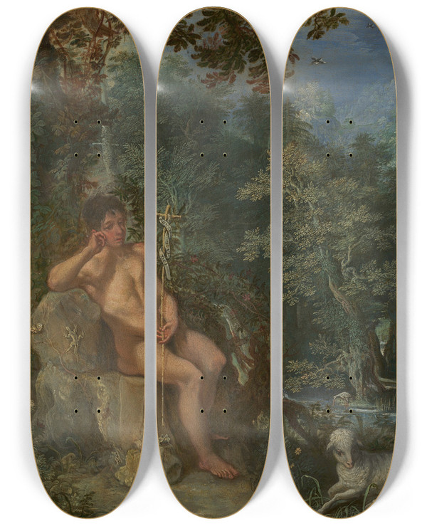Triptych art skateboard deck of Adam Elsheimer Saint John The Baptist In The Wilderness by Adam Elsheimer (1578-1610)