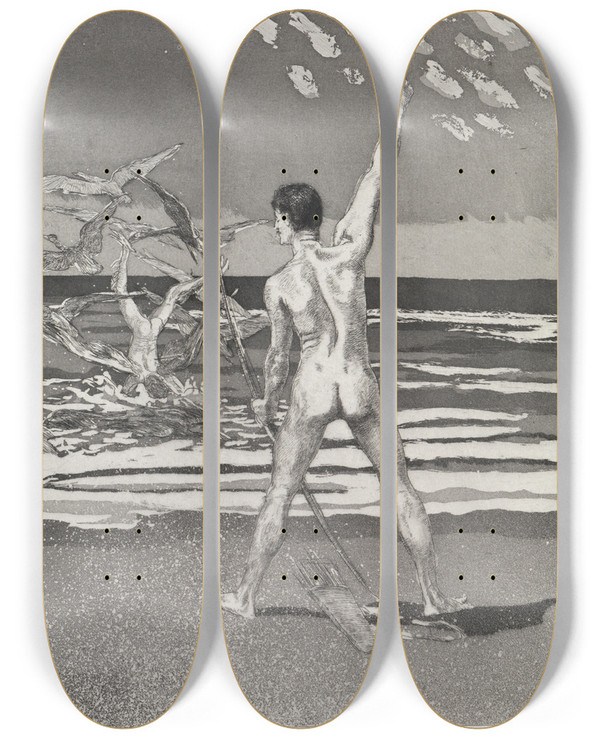 Triptych art skateboard deck of Max Klinger Der Schuss Zelt Opus Xiv 1 Teil Nr 10 by Max Klinger (1857-1920)